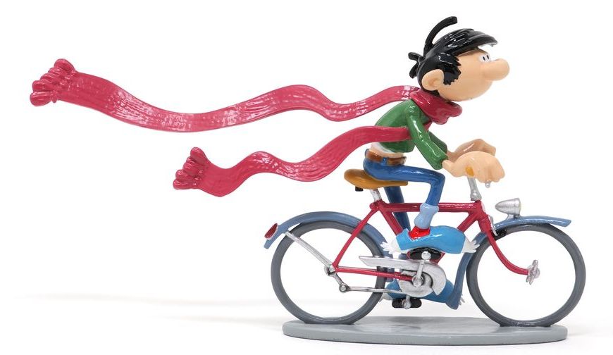 Figurine métal Gaston - Gaston en vélo avec sa longue écharpe (Pixi)